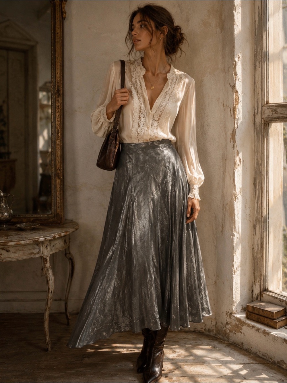 Vintage Byer Too! California Womens Long Skirt Grey/Silver Shiny Satin Size 9 AC